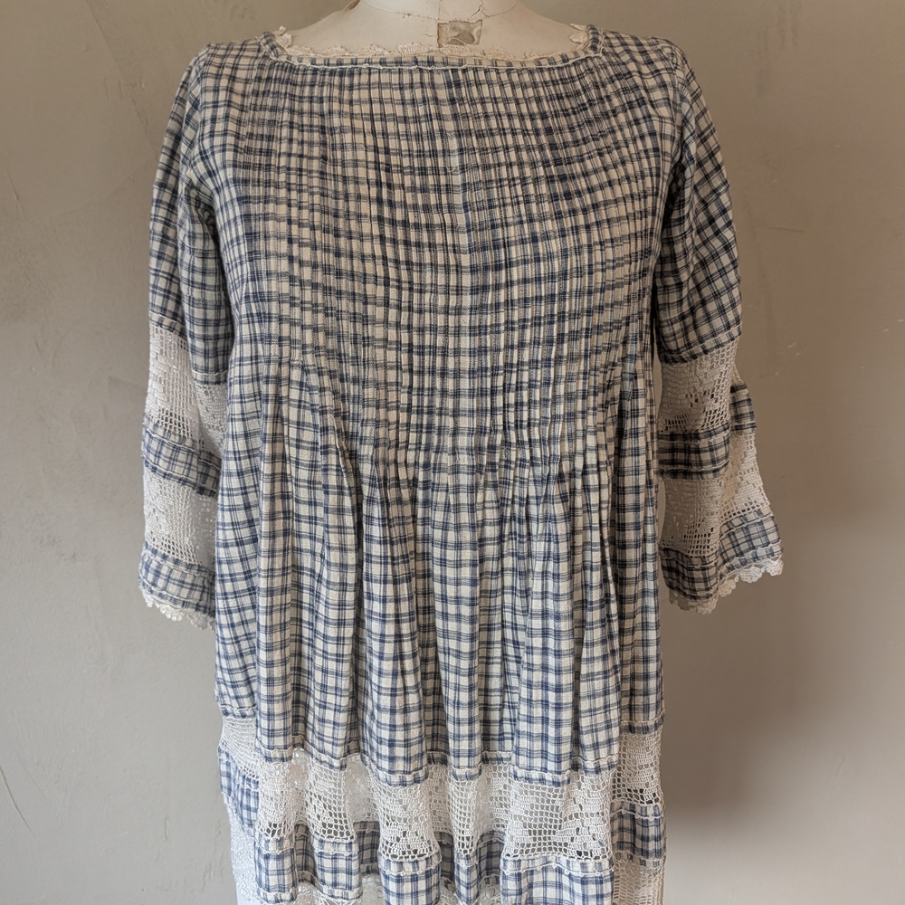 Blue & White Plaid Crochet-Trim Peasant Top